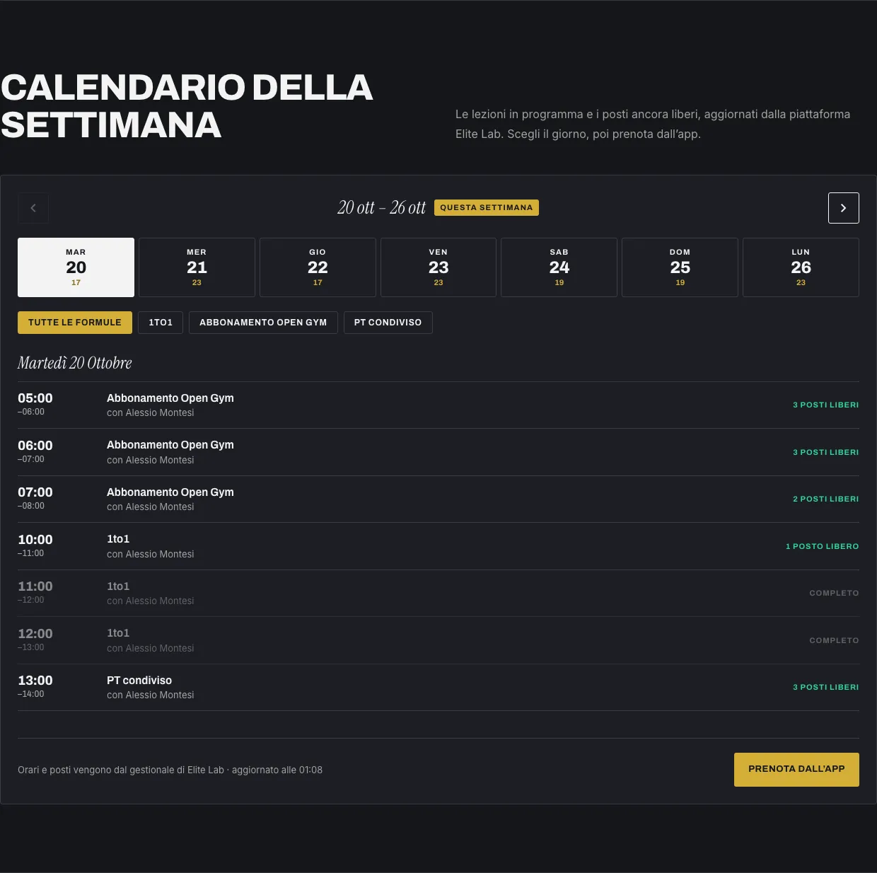 Il calendario della settimana sul nuovo sito: sette giorni con il numero di lezioni, filtri per formula e l’elenco delle lezioni del giorno con orario, trainer e posti liberi