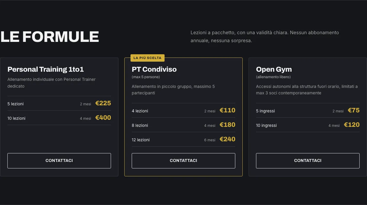 La sezione delle formule del nuovo sito: tre colonne con lezioni, validità e prezzo, e la formula più scelta evidenziata in oro