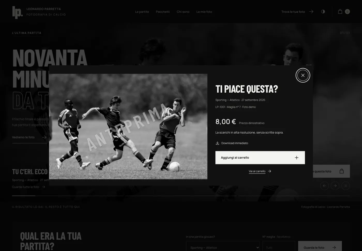 Proposta A tutta pagina: una foto aperta, con prezzo e pulsante per aggiungerla al carrello