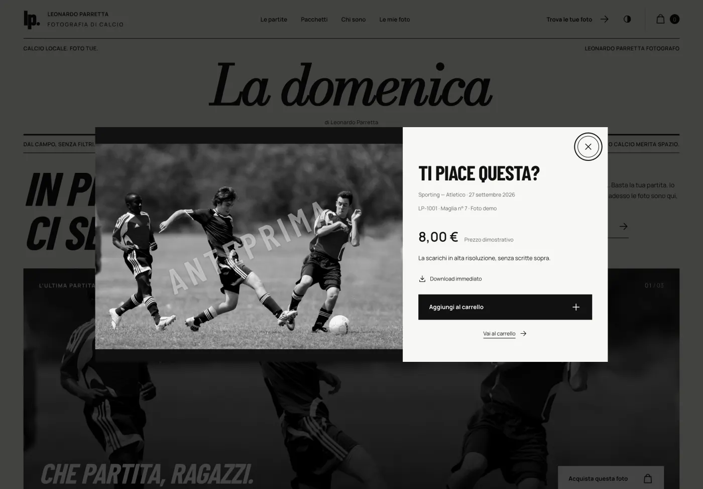 Proposta La domenica: una foto aperta, con prezzo e pulsante per aggiungerla al carrello